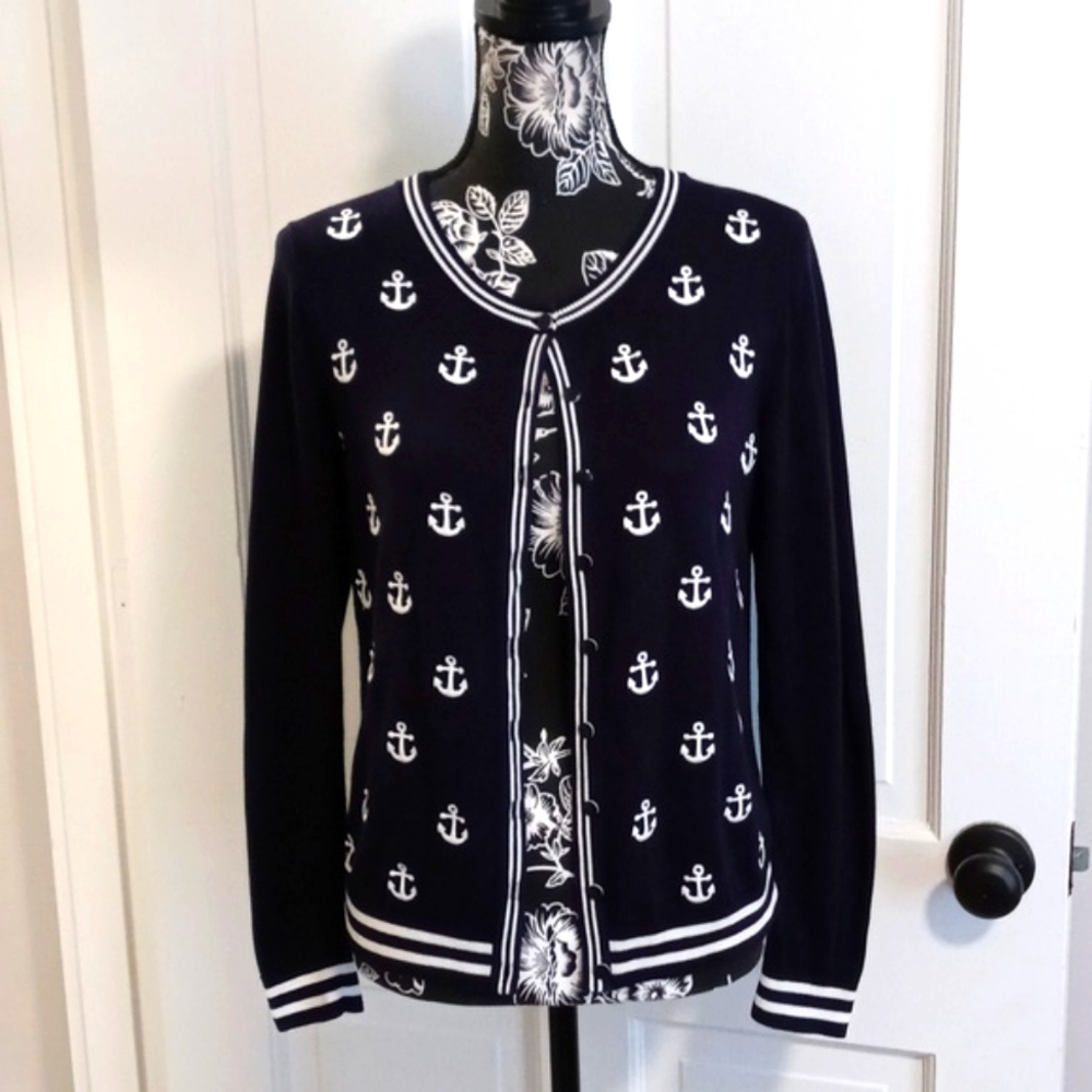 ⚓️Talbots⚓️ - Navy/White Embroidered Anchors Cardigan Sweater